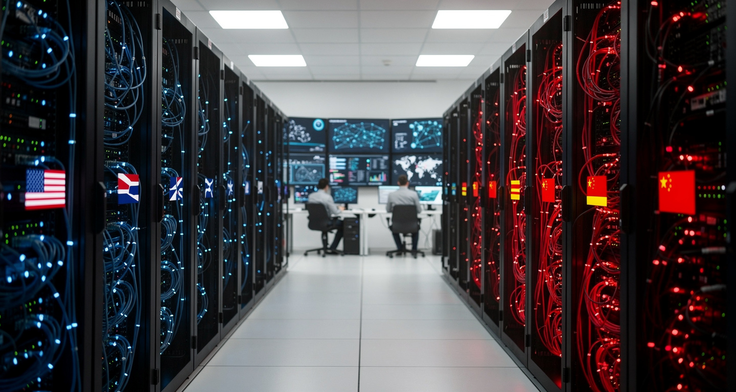 Server room with diverging blue and red data network nodes, technicians monitoring dual systems