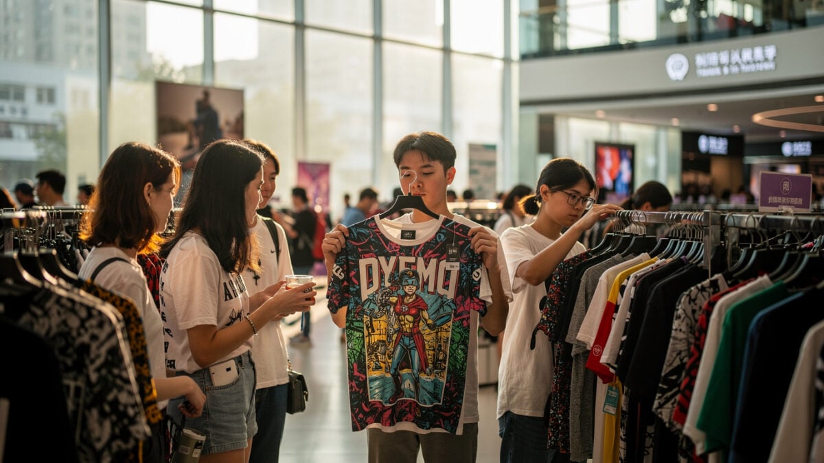 Shoppers browsing clothing in a Shanghai mall, examining graphic apparel under natural light