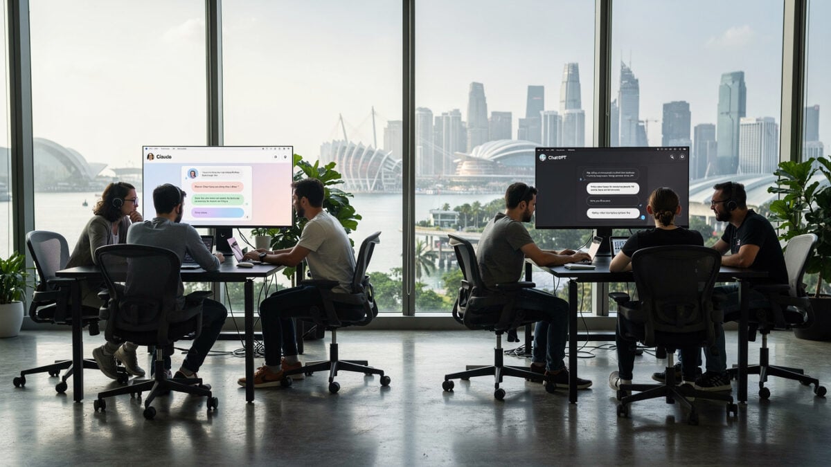 Software engineers working at standing desks in Singapore office tower, Claude and ChatGPT interfaces visible, Marina Bay in background