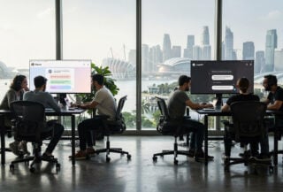 Software engineers working at standing desks in Singapore office tower, Claude and ChatGPT interfaces visible, Marina Bay in background