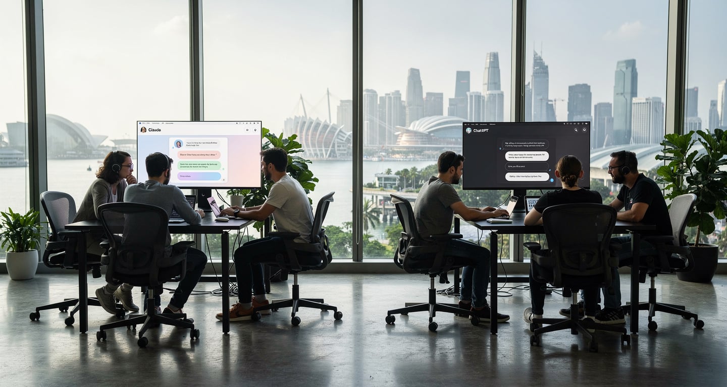 Software engineers working at standing desks in Singapore office tower, Claude and ChatGPT interfaces visible, Marina Bay in background