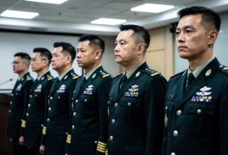 Taiwan military officers in formation at defence ministry briefing, Taipei