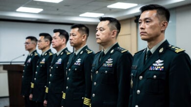 Taiwan military officers in formation at defence ministry briefing, Taipei