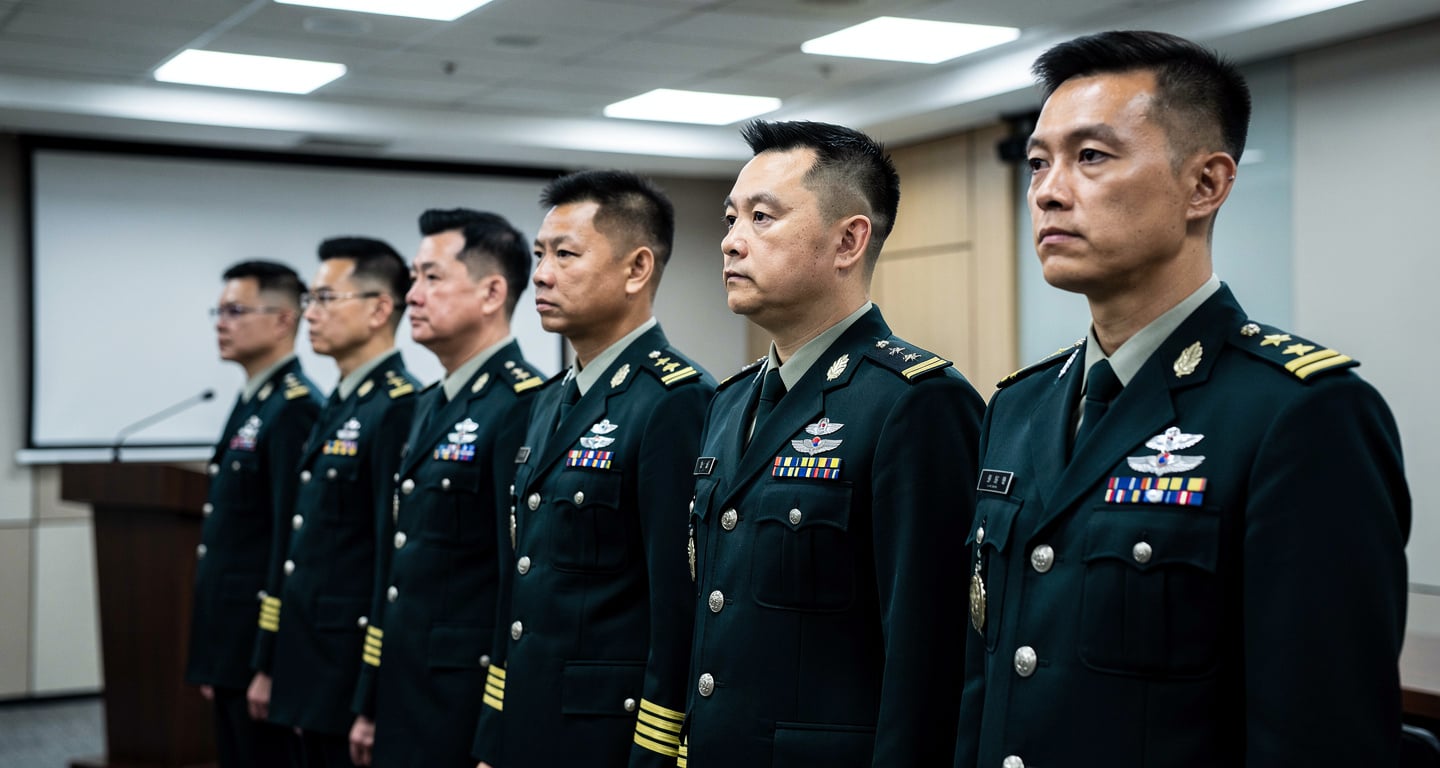 Taiwan military officers in formation at defence ministry briefing, Taipei