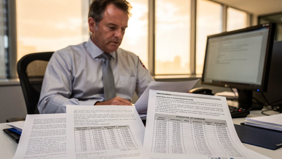 Tax official reviewing software licensing documents at ATO desk with royalty calculations visible