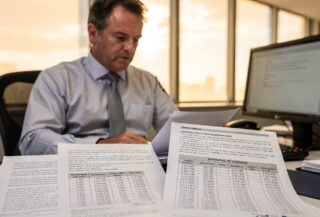 Tax official reviewing software licensing documents at ATO desk with royalty calculations visible