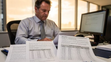 Tax official reviewing software licensing documents at ATO desk with royalty calculations visible