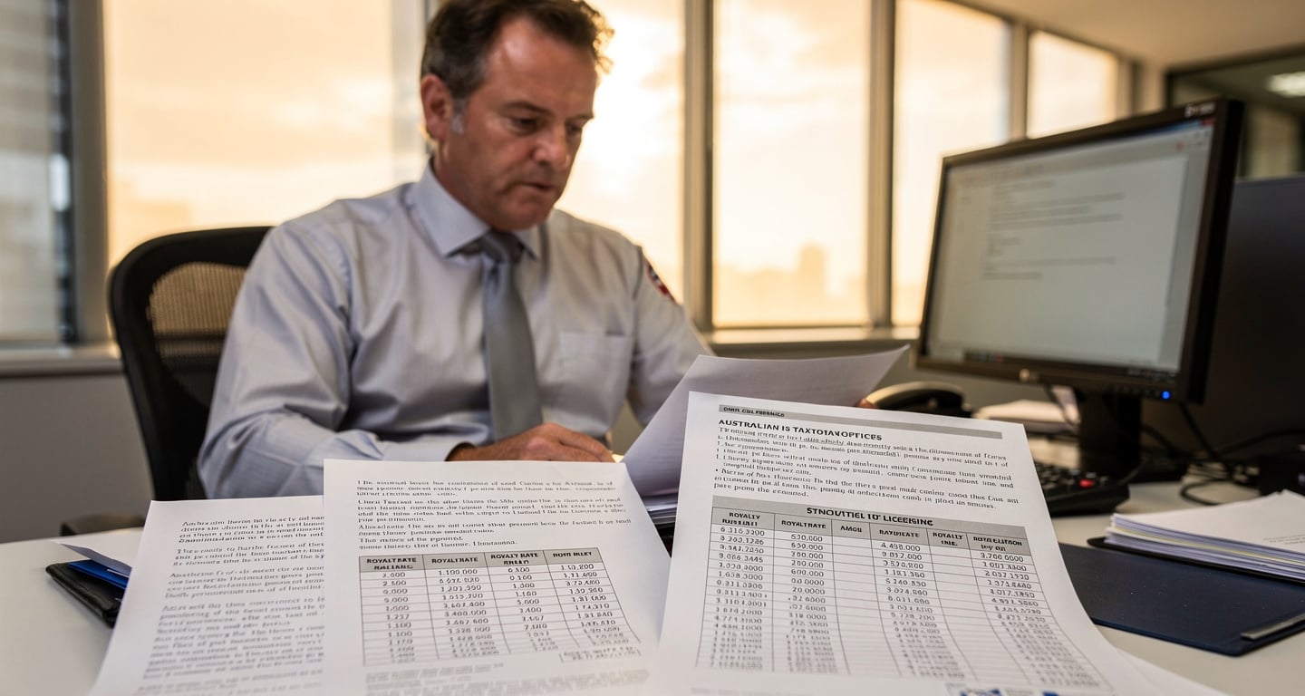 Tax official reviewing software licensing documents at ATO desk with royalty calculations visible