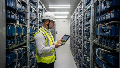 Technician inspecting battery storage cells inside Waratah facility, New South Wales industrial site