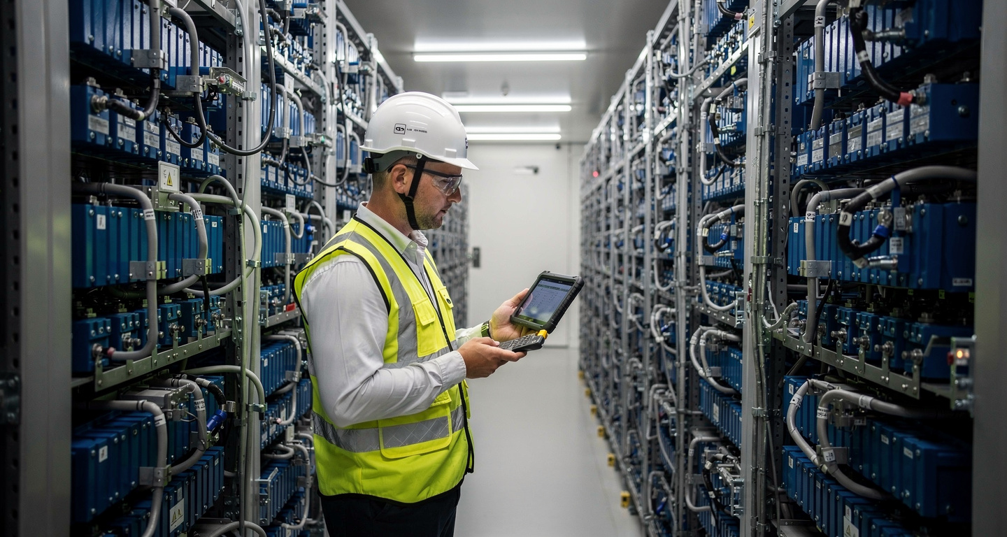 Technician inspecting battery storage cells inside Waratah facility, New South Wales industrial site