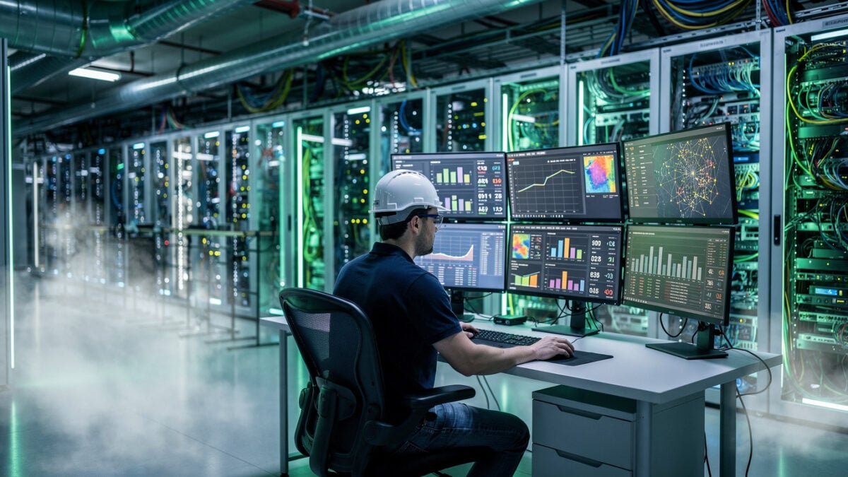 Technician monitoring server racks and power systems in a data centre control room with real-time network displays