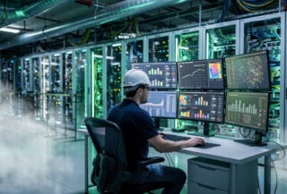 Technician monitoring server racks and power systems in a data centre control room with real-time network displays