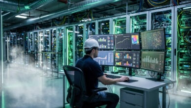 Technician monitoring server racks and power systems in a data centre control room with real-time network displays