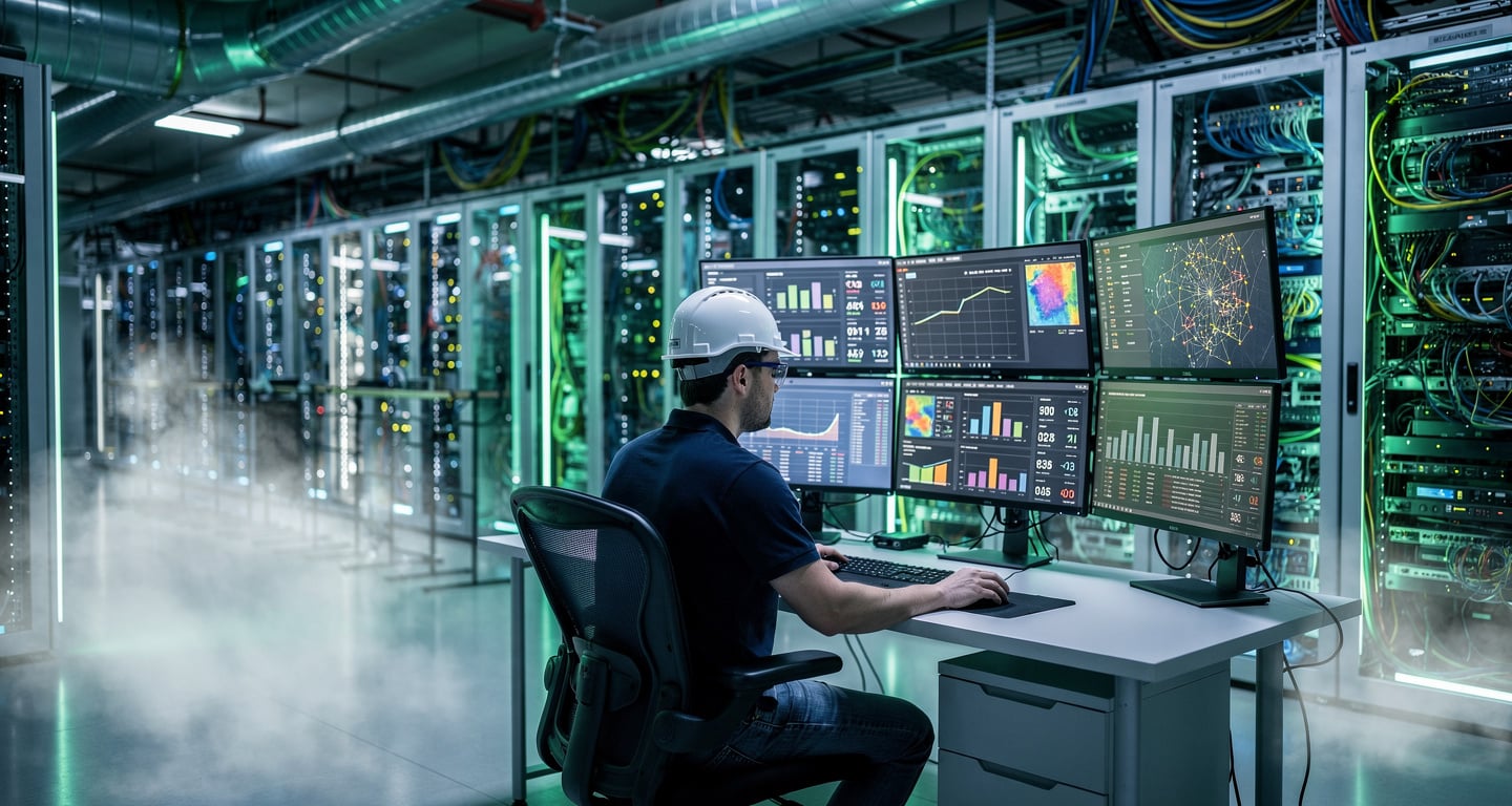 Technician monitoring server racks and power systems in a data centre control room with real-time network displays