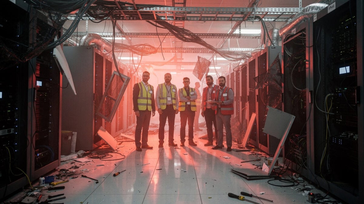 Technicians inspecting damaged server racks in a Bahrain data center, emergency lighting