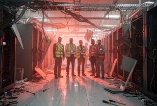 Technicians inspecting damaged server racks in a Bahrain data center, emergency lighting