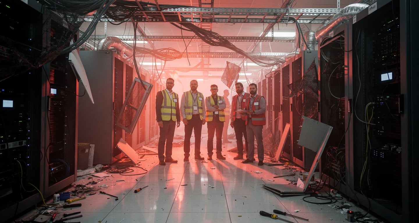 Technicians inspecting damaged server racks in a Bahrain data center, emergency lighting