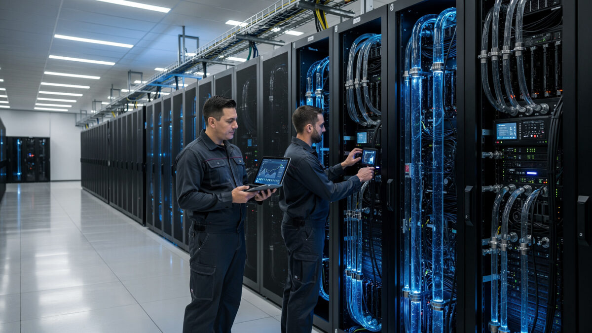 Technicians monitoring liquid-cooled GPU racks in Malaysian AI data centre facility