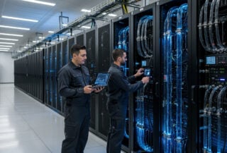 Technicians monitoring liquid-cooled GPU racks in Malaysian AI data centre facility