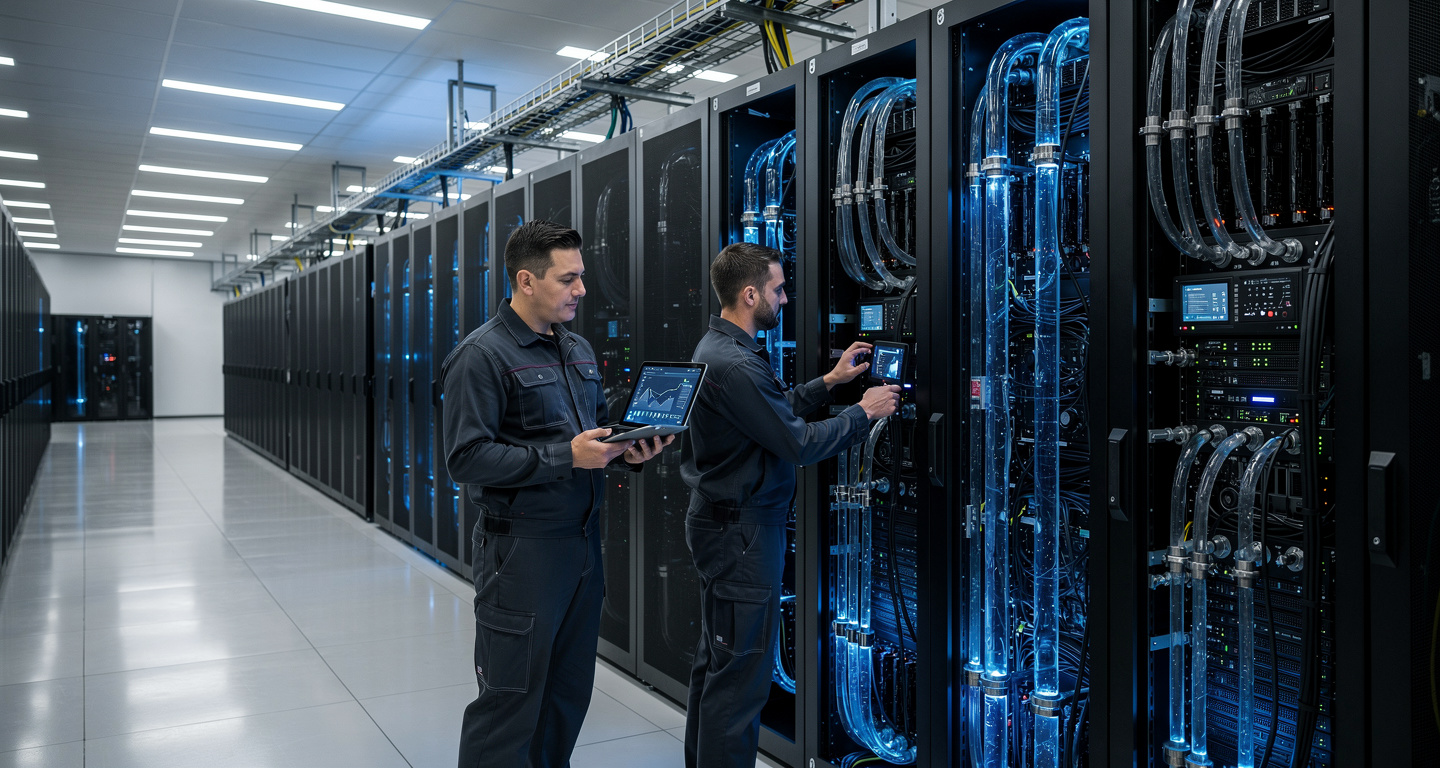 Technicians monitoring liquid-cooled GPU racks in Malaysian AI data centre facility