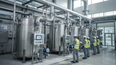 Technicians monitoring water recycling filtration system at SK Hynix Yongin semiconductor facility, South Korea
