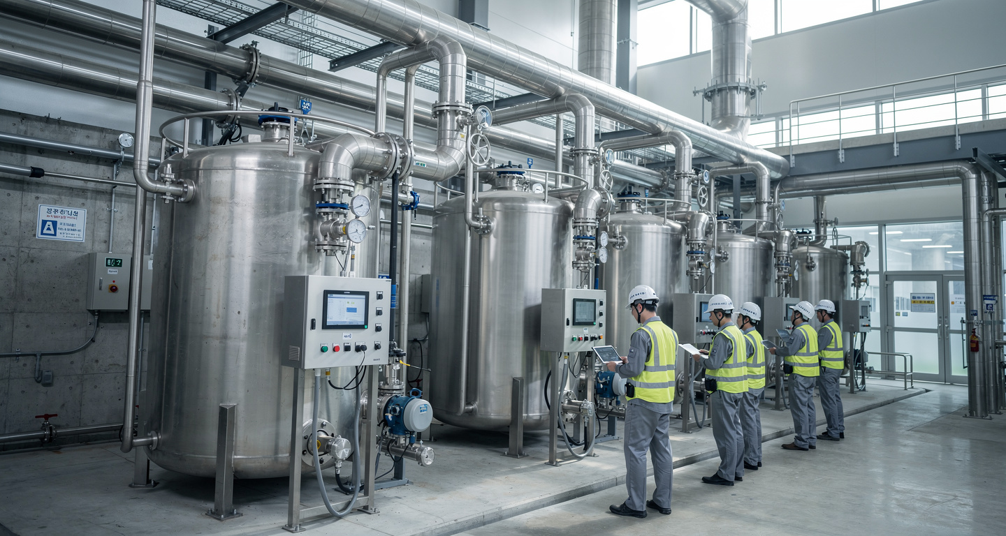Technicians monitoring water recycling filtration system at SK Hynix Yongin semiconductor facility, South Korea