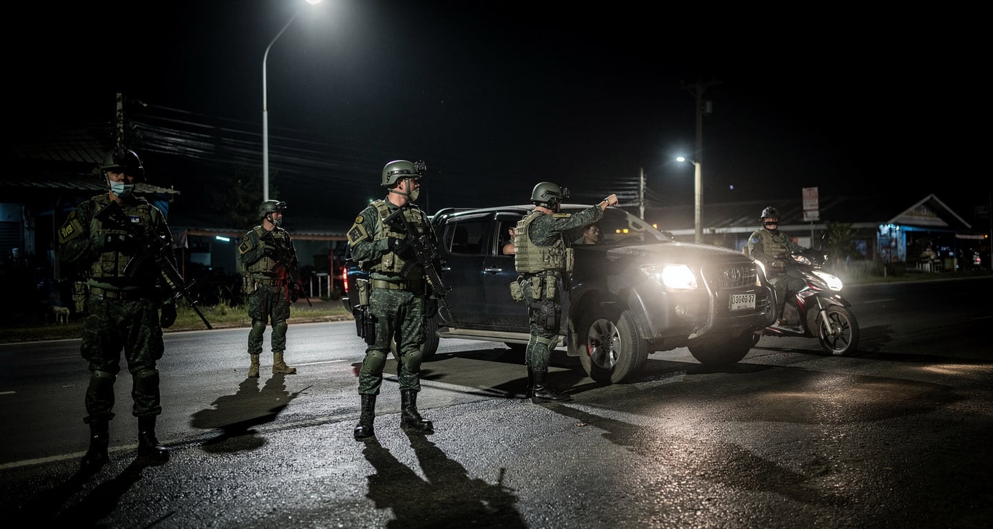 Thai soldiers manning nighttime checkpoint in Narathiwat after coordinated attacks