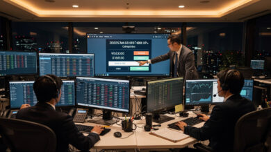 Tokyo corporate treasury team monitoring real-time payment settlement on screens at night, trader pointing at completed transaction outside business hours