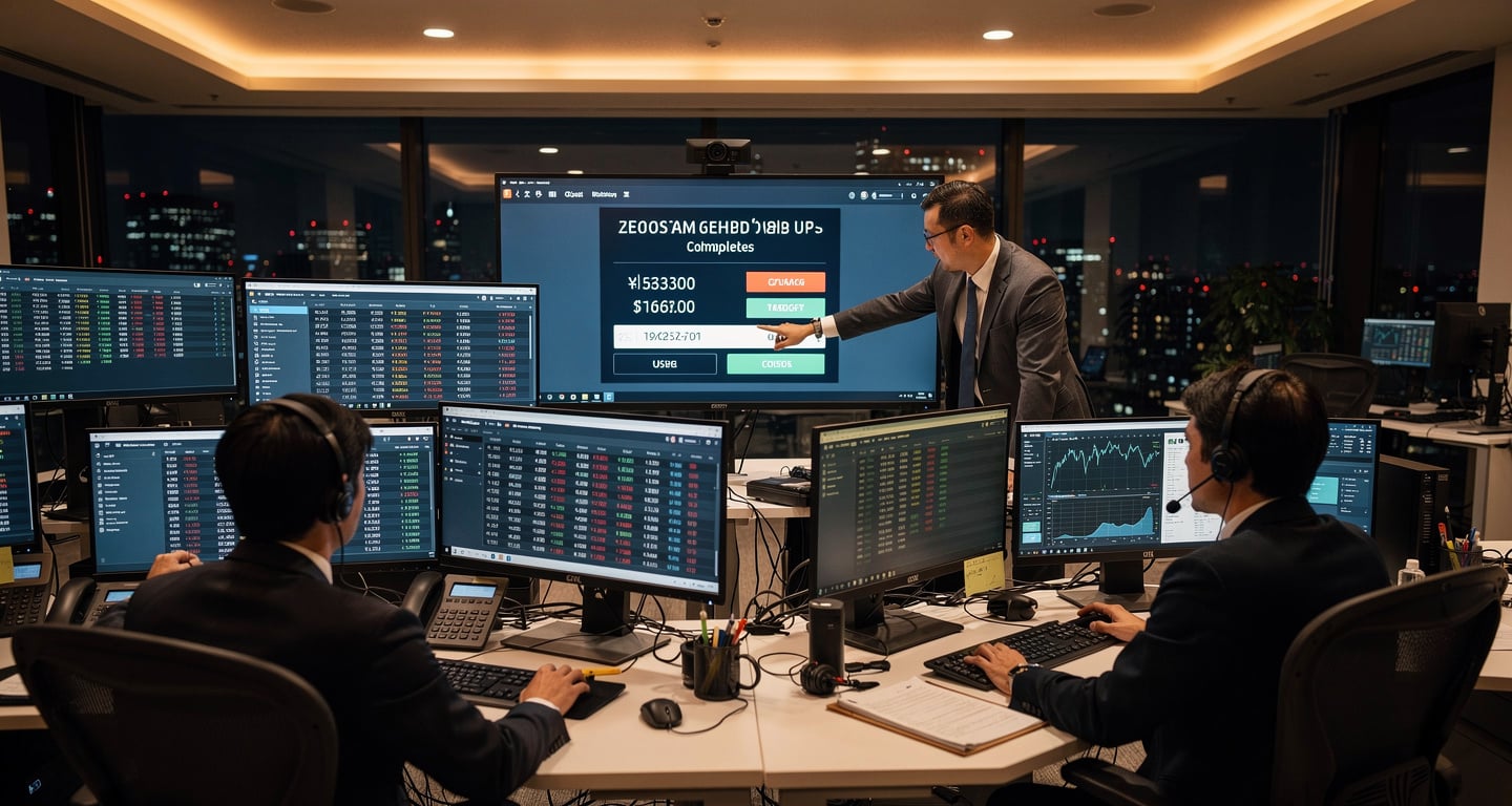 Tokyo corporate treasury team monitoring real-time payment settlement on screens at night, trader pointing at completed transaction outside business hours