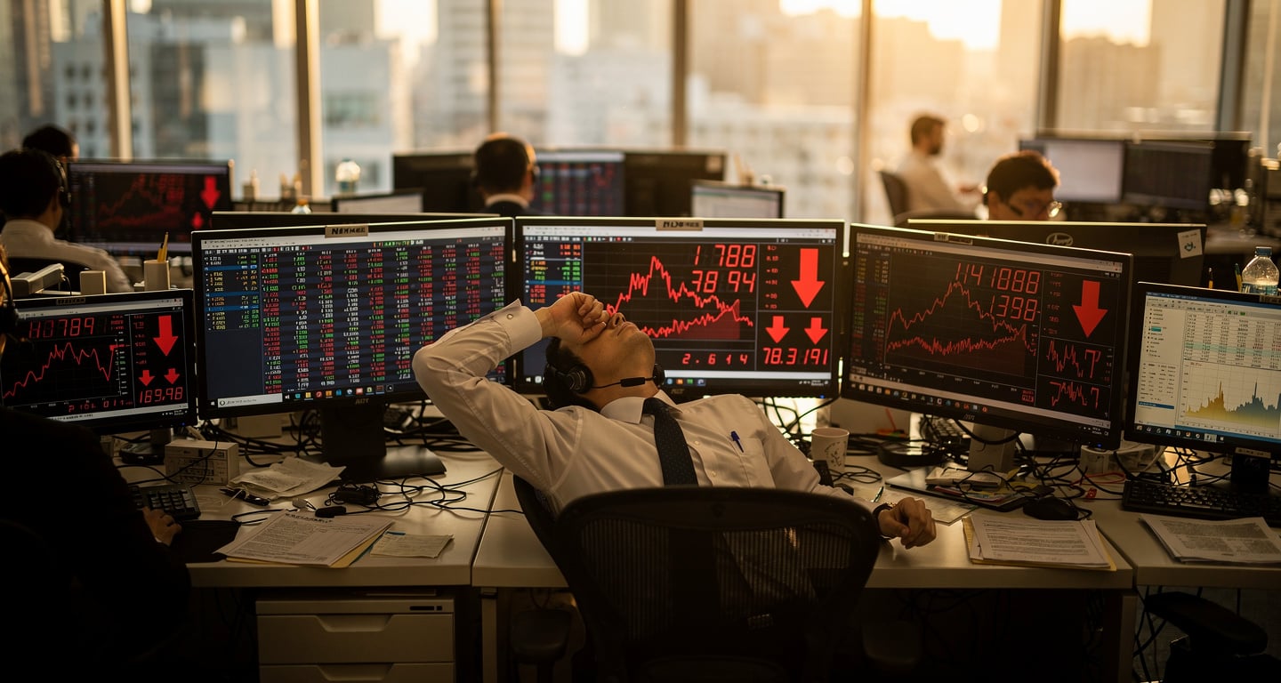 Tokyo traders monitoring red market indices on screens as yen strengthens, dealing room afternoon light