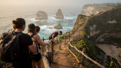 Tourists at Kelingking Beach clifftop viewpoint, steep descent path with wooden railings visible below, Nusa Penida