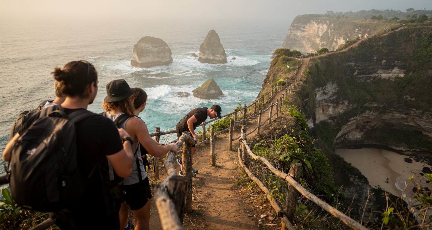 Tourists at Kelingking Beach clifftop viewpoint, steep descent path with wooden railings visible below, Nusa Penida