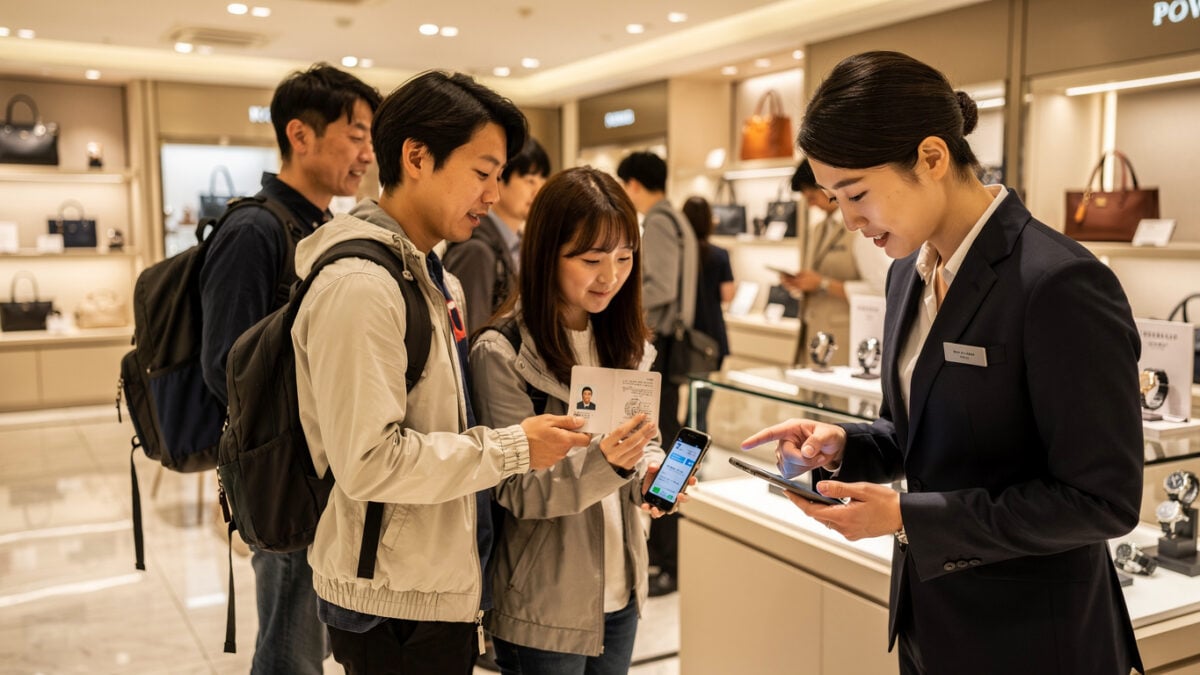 Tourists registering with mobile app at Tokyo luxury department store, staff assisting with passport data