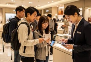 Tourists registering with mobile app at Tokyo luxury department store, staff assisting with passport data