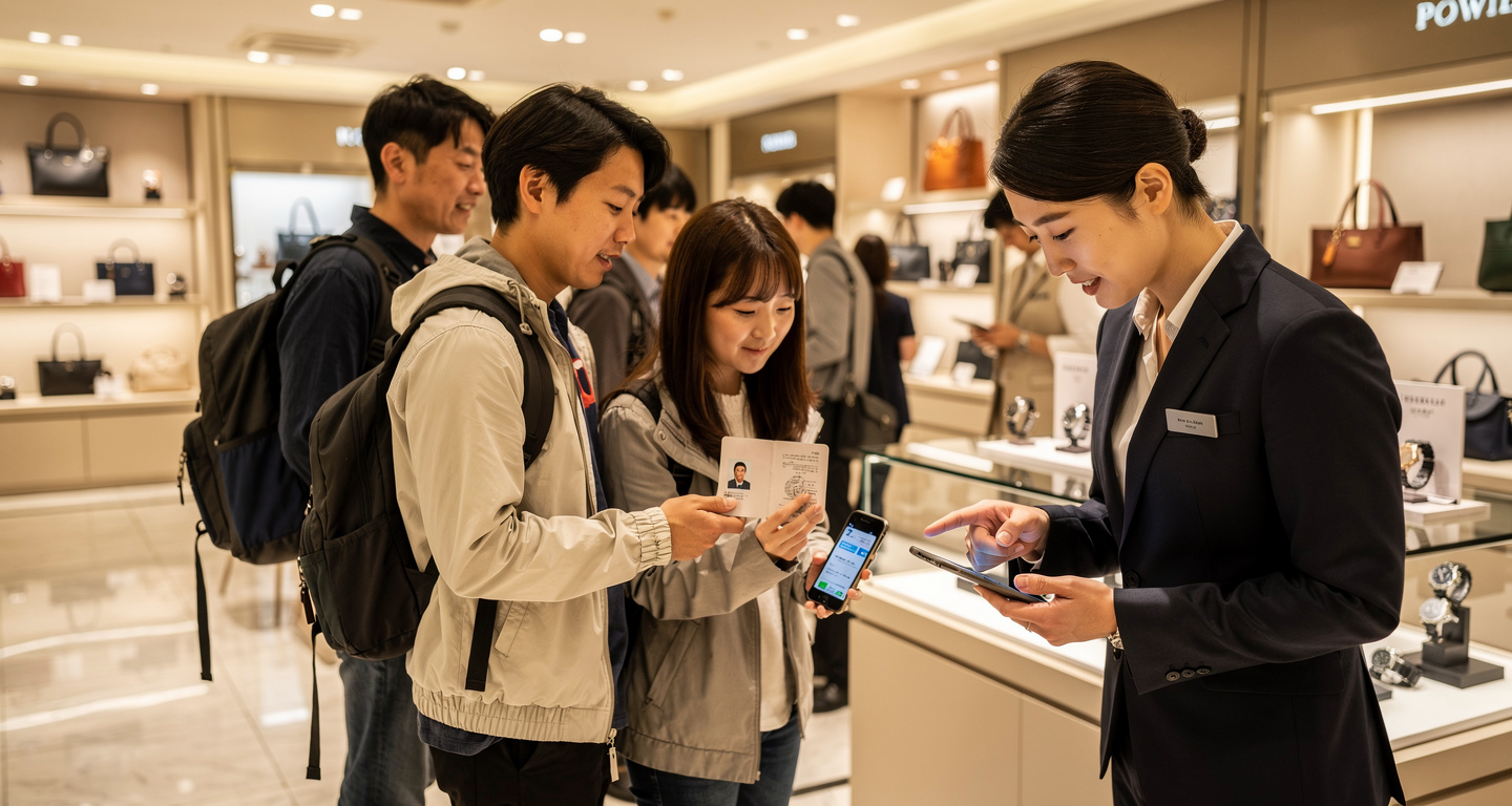 Tourists registering with mobile app at Tokyo luxury department store, staff assisting with passport data