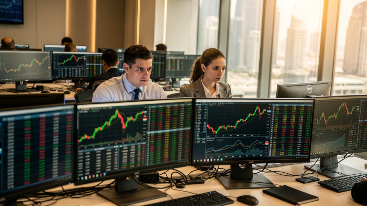 Traders monitoring Bitcoin and Ether charts at Dubai financial centre dealing room terminals