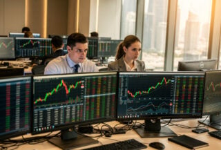 Traders monitoring Bitcoin and Ether charts at Dubai financial centre dealing room terminals