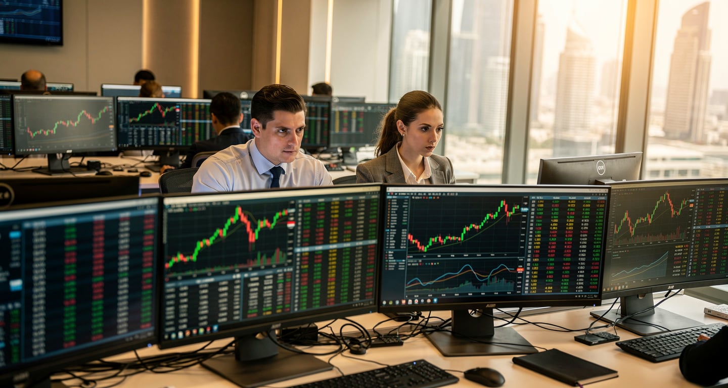 Traders monitoring Bitcoin and Ether charts at Dubai financial centre dealing room terminals