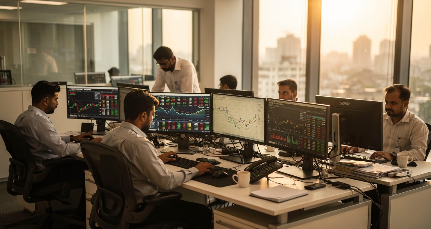 Traders monitoring settlement screens in a Mumbai dealing room during afternoon trading session
