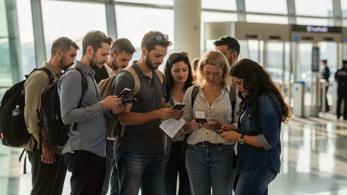 Travelers reviewing documents at Dubai airport departure hall amid travel advisory uncertainty