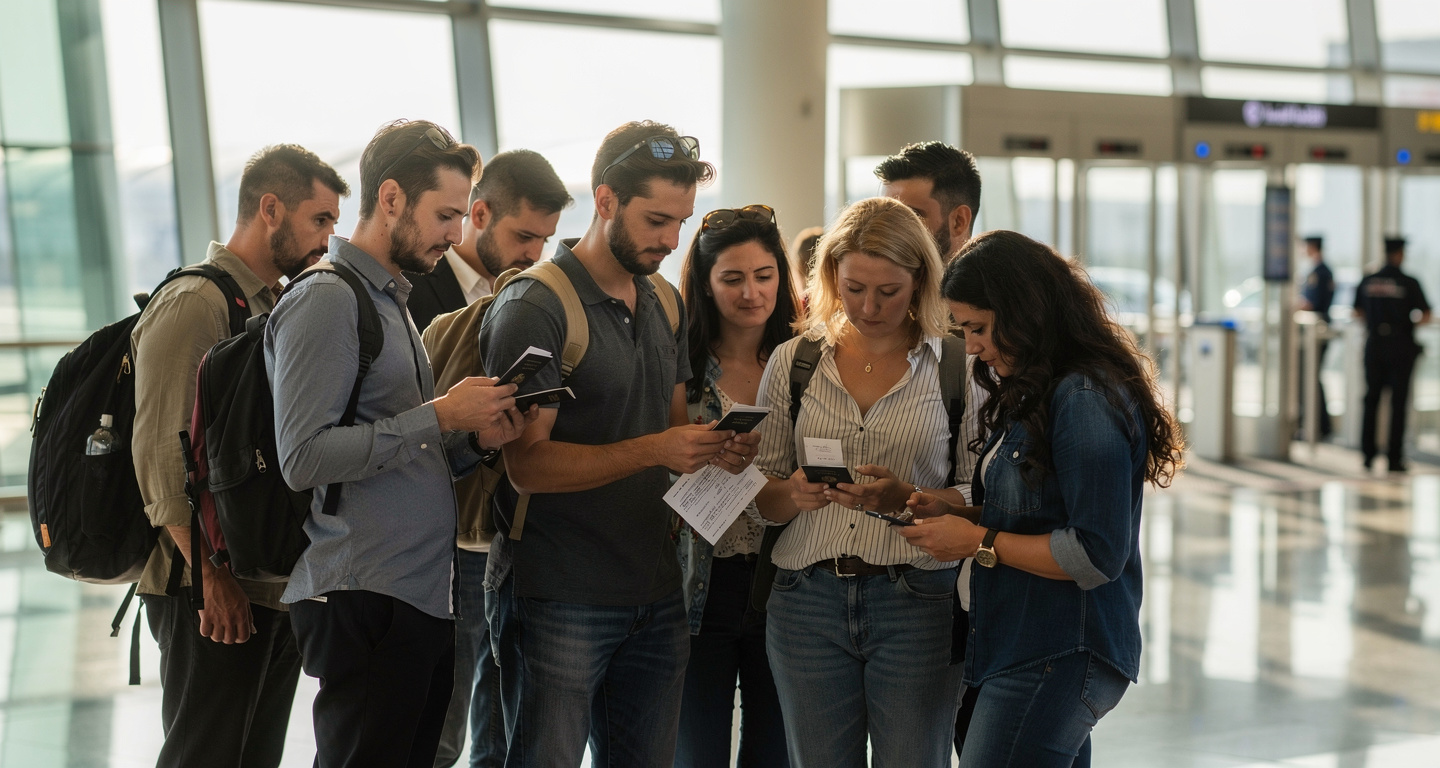 Travelers reviewing documents at Dubai airport departure hall amid travel advisory uncertainty