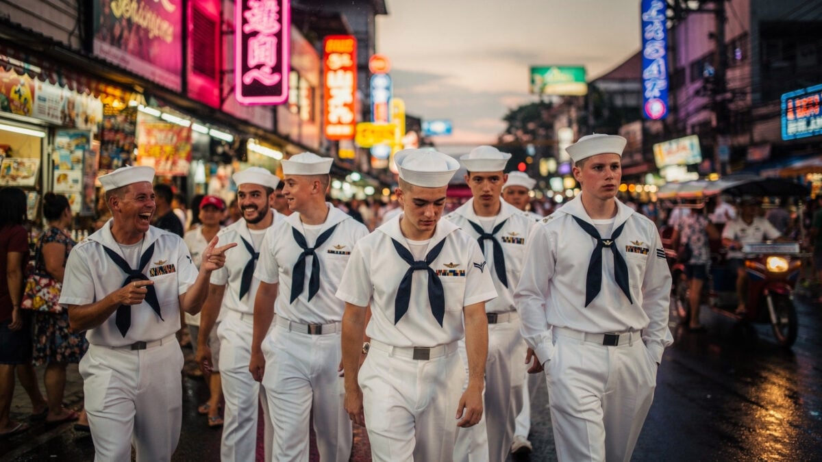 U.S. Navy sailors in dress whites on a crowded Pattaya street at dusk, neon signs glowing