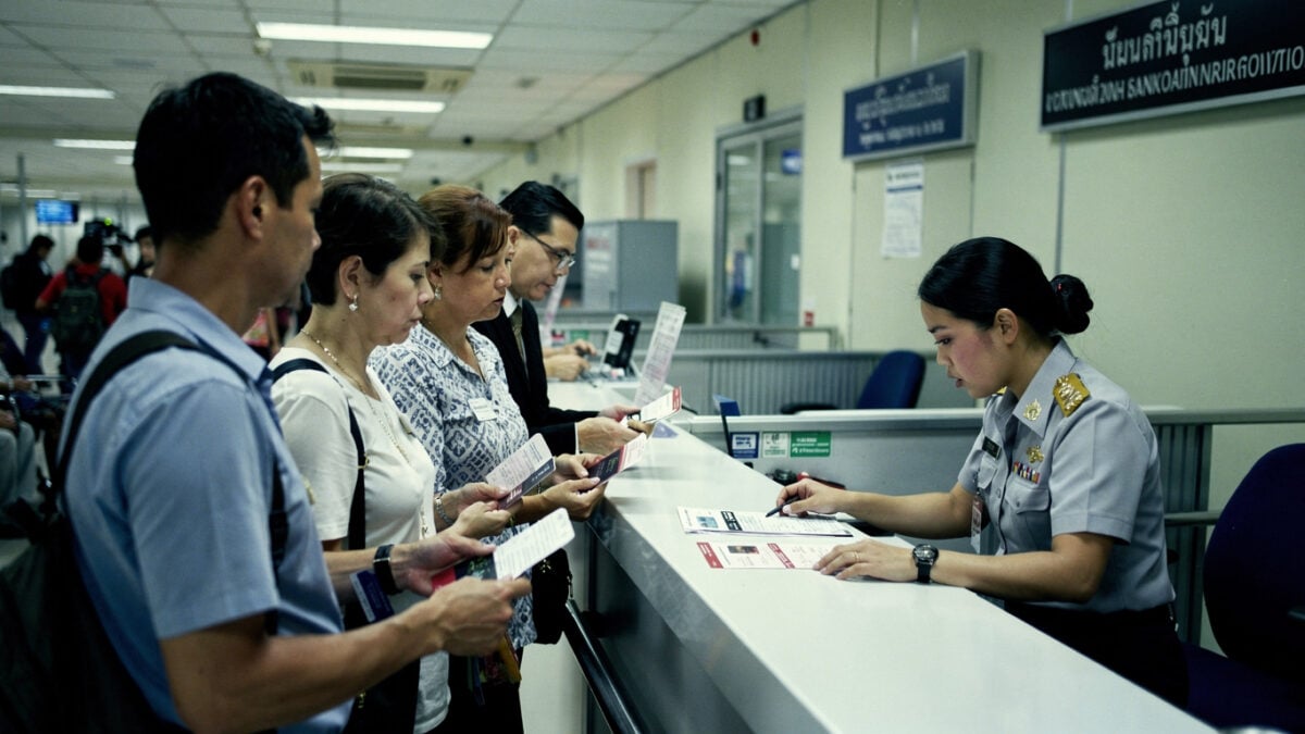 Western tourists reviewing documents at Bangkok immigration counter with Thai official, fluorescent lighting