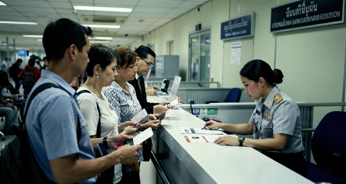 Western tourists reviewing documents at Bangkok immigration counter with Thai official, fluorescent lighting