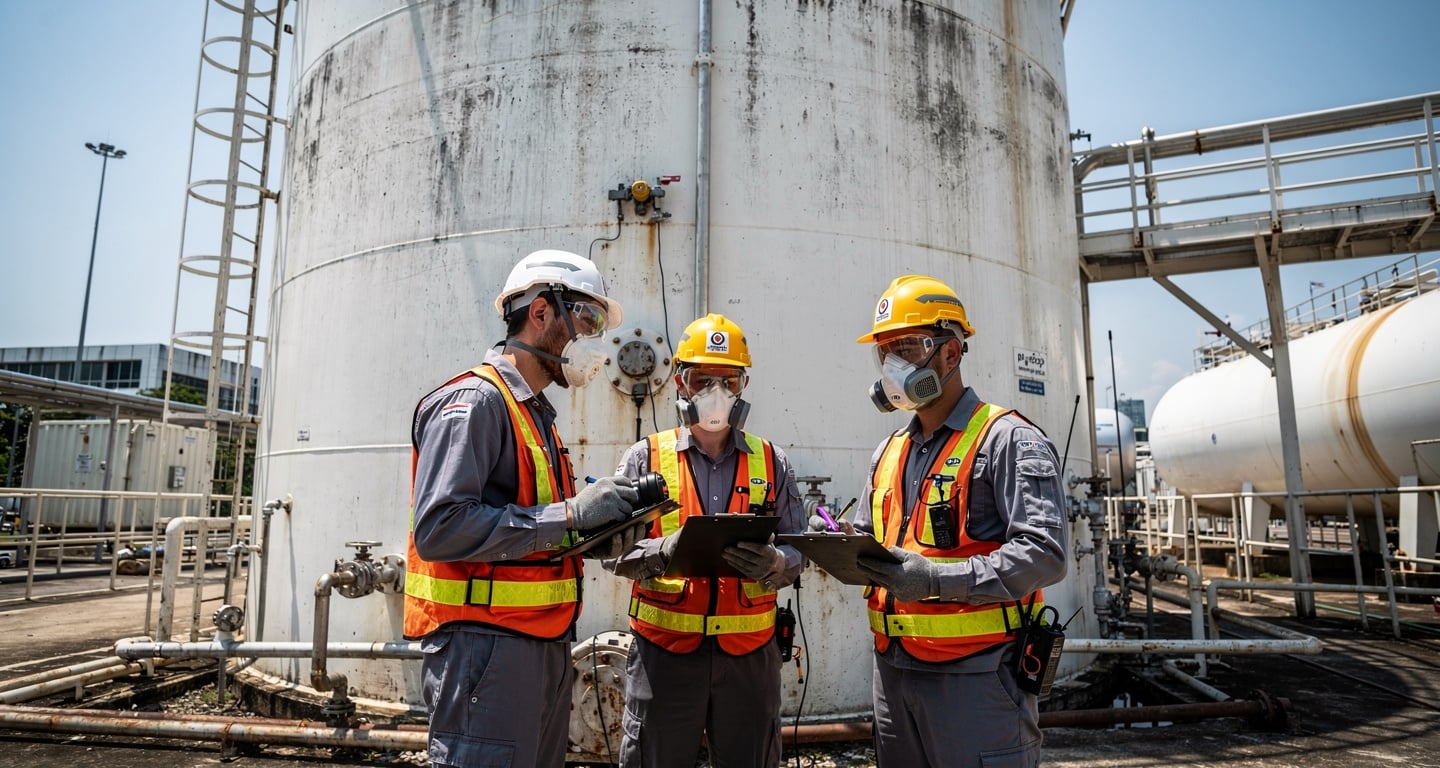 Workers in protective gear inspecting diesel storage tank at Bangkok industrial facility