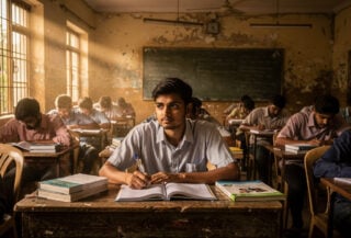 Young graduate studying alone in crowded Bangalore coaching centre, surrounded by other students preparing for competitive exams