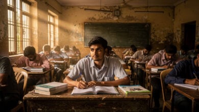 Young graduate studying alone in crowded Bangalore coaching centre, surrounded by other students preparing for competitive exams