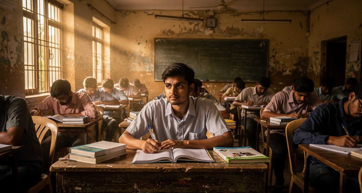 Young graduate studying alone in crowded Bangalore coaching centre, surrounded by other students preparing for competitive exams