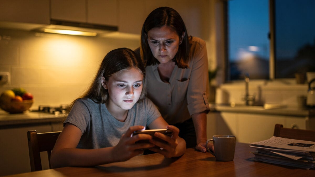 Australian mother watching teenager scroll video feed on phone at home