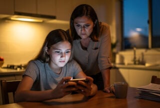 Australian mother watching teenager scroll video feed on phone at home